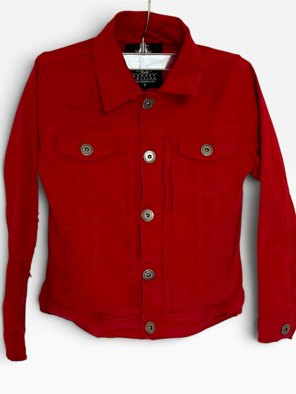 Kids Red Distressed Denim Trucker Jacket Jordan Craig Legacy Edition Size 7